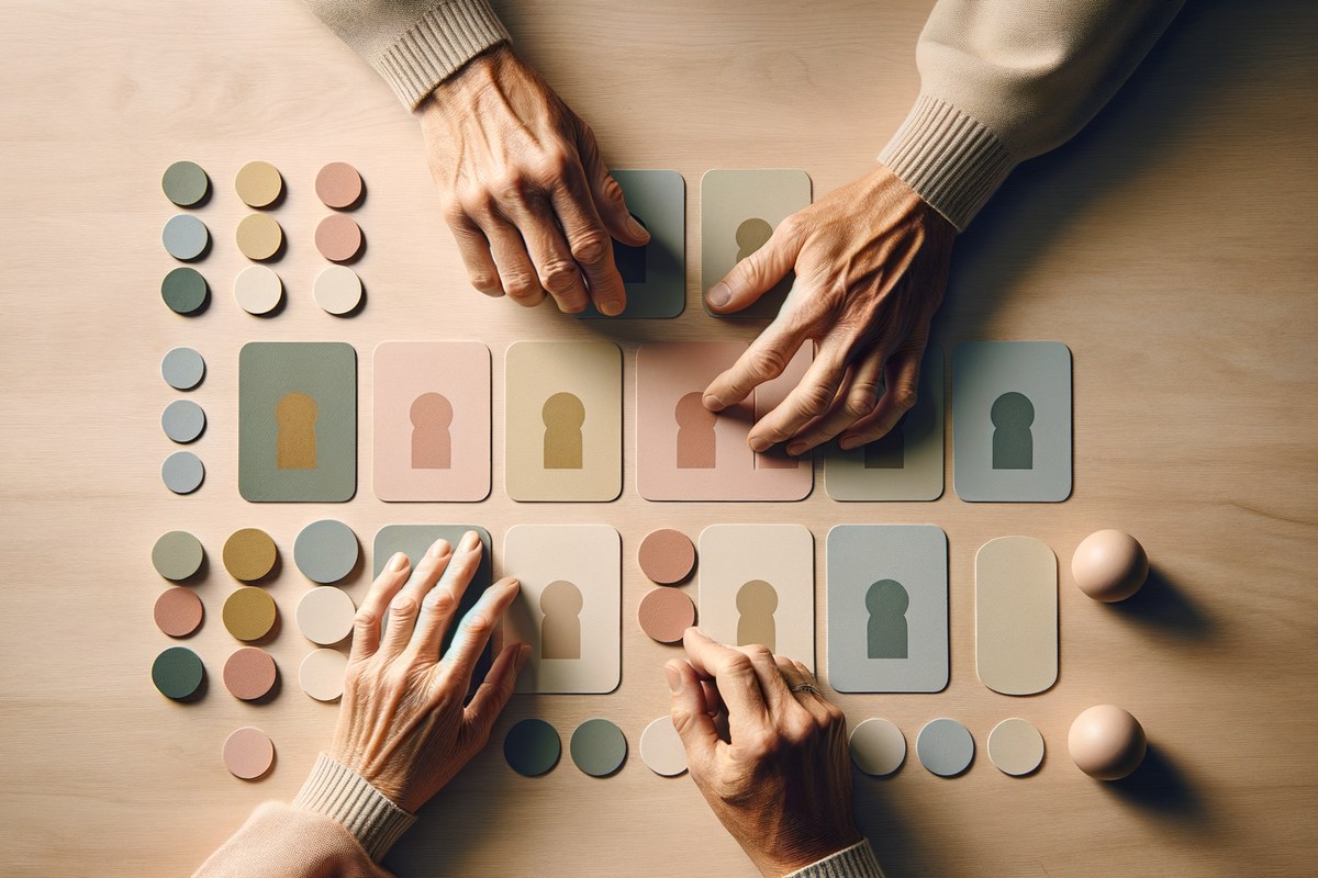 Hände legen bunte Karten auf einen Holztisch